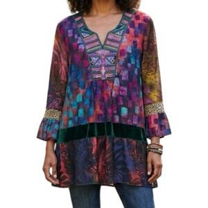 Caleoas Boho Mixed Media Tunic Embroidered V-Neck Velvet Trim Leopard Cuff - 1X